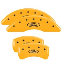 MGP 4 Caliper Covers Engraved Front & Rear 24-25 Ford Mustang EcoBoost Yellow Finish Black Ford Logo