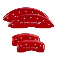 MGP 4 Caliper Covers Engraved Front & Rear With stripes/Dodge Red finish silver ch