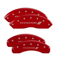 MGP 4 Caliper Covers Engraved Front & Rear With stripes/Dodge Red finish silver ch