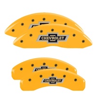 MGP 4 Caliper Covers Engraved Front & Rear Chevrolet 100 Anniversary Logo Yellow Finish Black Charac