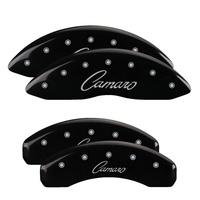 MGP 4 Caliper Covers Engraved Front & Rear Cursive/Camaro Black finish silver ch