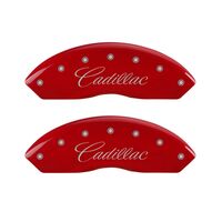 MGP 4 Caliper Covers Engraved Front Cursive/Cadillac Engraved Rear SRX Red finish silver ch