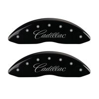 MGP 4 Caliper Covers Engraved Front Cursive/Cadillac Engraved Rear SRX Black finish silver ch