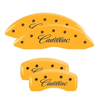 MGP 4 Caliper Covers Engraved Front & Rear Cursive/Cadillac Yellow finish black ch