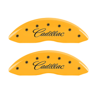 MGP 4 Caliper Covers Engraved Front Cursive/Cadillac Engraved Rear CTS Yellow finish black ch