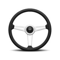 Momo Retro Steering Wheel 360 mm - 4 Black Leather/Wht Stitch/Brshd Spokes