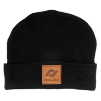 RockJock Beanie Black w/ Leather Patch RJ Logo One Size Fits All